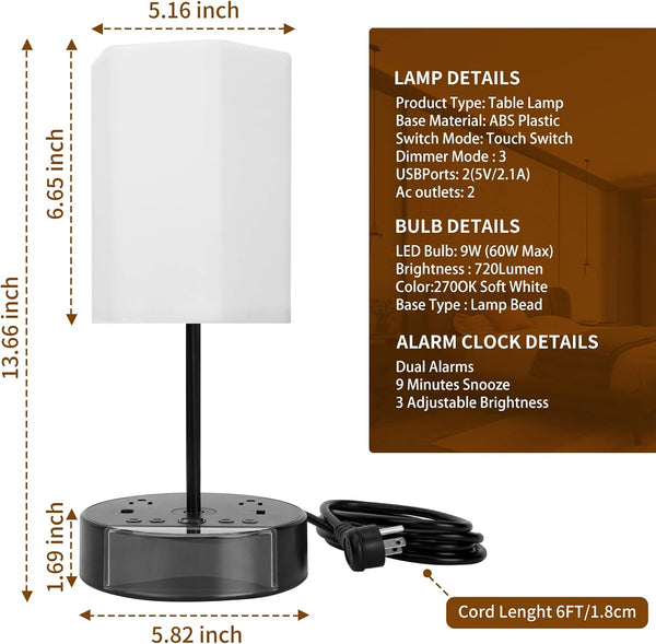 Alarm Clock Table Lamp with USB Charger and Outlets, 500pcs