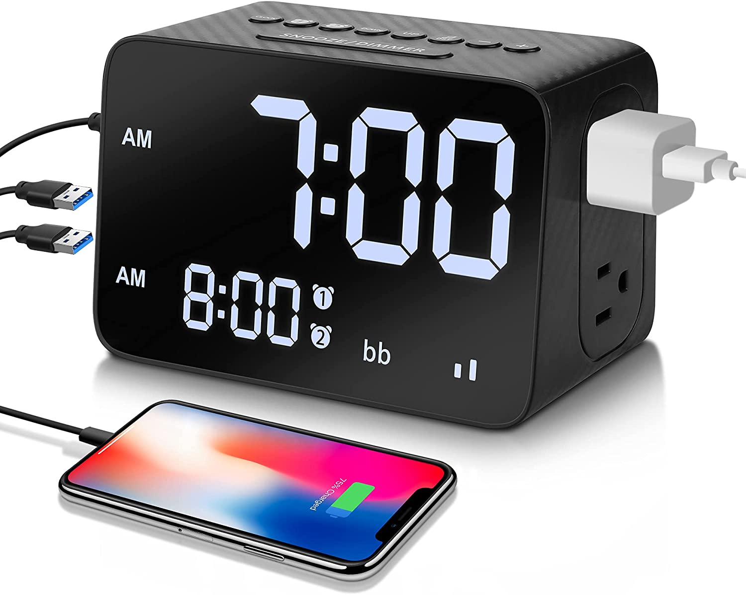 Alarm Clock with White Noise USB-A and USB-C Charger and Outlets, 500pcs